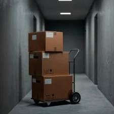 Moving Boxes on Hand Truck in Hallway Stacked moving boxes on a hand truck in a dim hallway, professional moving supplies by 3 Movers 1 Truck.